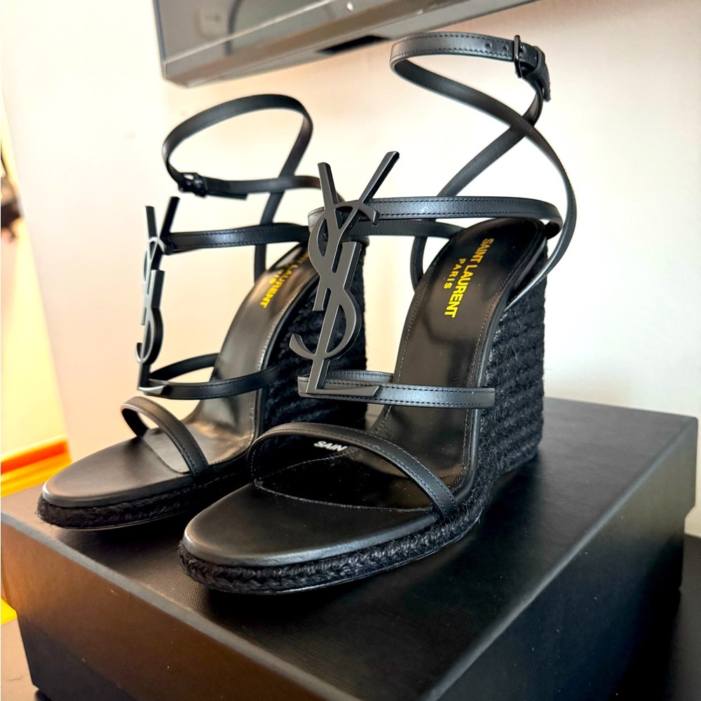Saint Laurent Black Wedge Sandals with Textured Heel